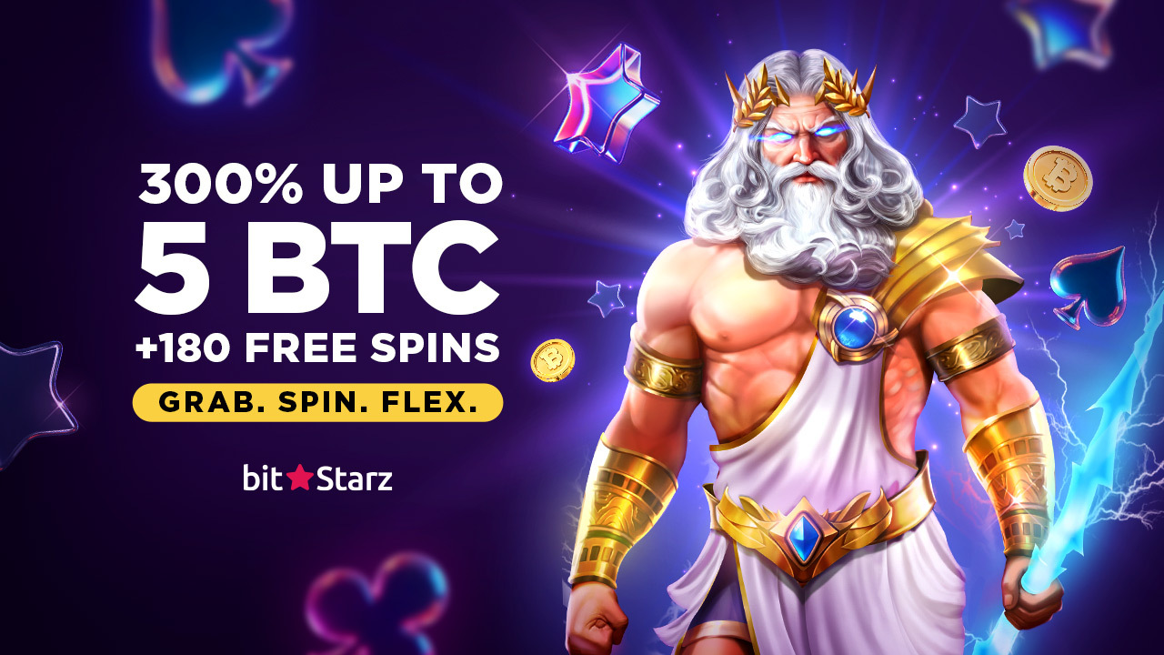 BitStarz welcome package artwork featuring Zeus and Bitcoin