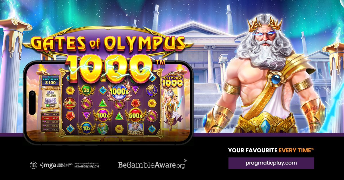 Gates of Olympus 1000 game artwork with Zeus and the slot reels