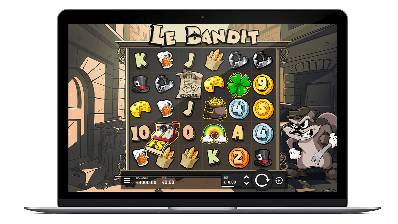 Le Bandit game screen featuring its raccoon character and slot reels