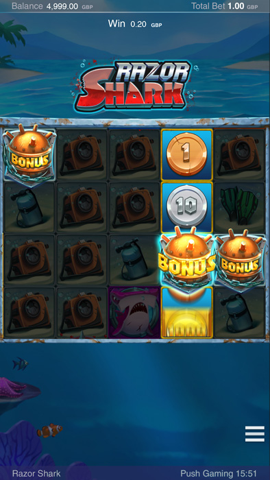 Razor Shark game screen with the underwater reels and bonus symbols